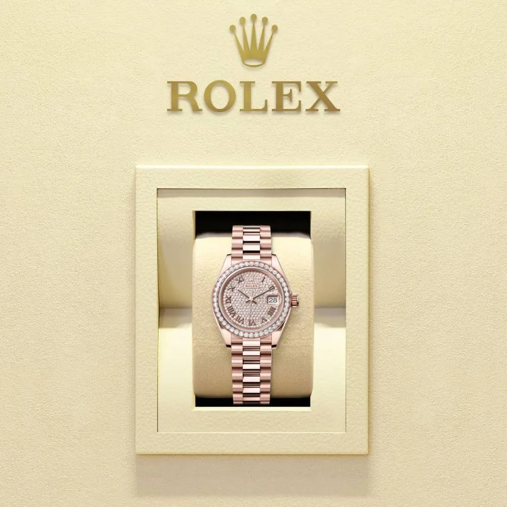 Rolex Lady-Datejust 28mm - Ref: 279135rbr-0021 - Roman Diamond Pave Dial & Diamond Bezel, 18K Rose Gold Presidential Bracelet Women's Watch