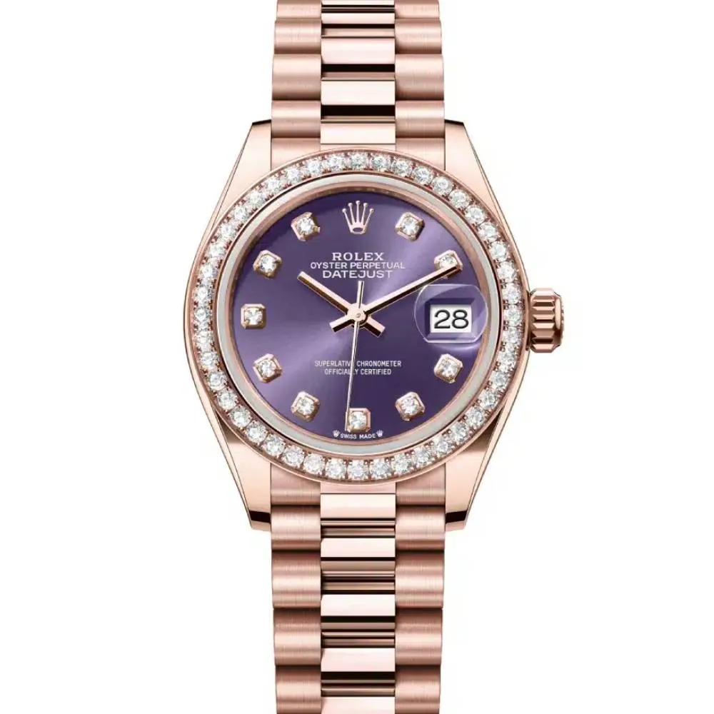 Rolex Lady Datejust 28mm - Ref: 279135rbr adp - Aubergine Purple Dial & Diamond Bezel, 18K Rose Gold Oyster Bracelet Women's Watch
