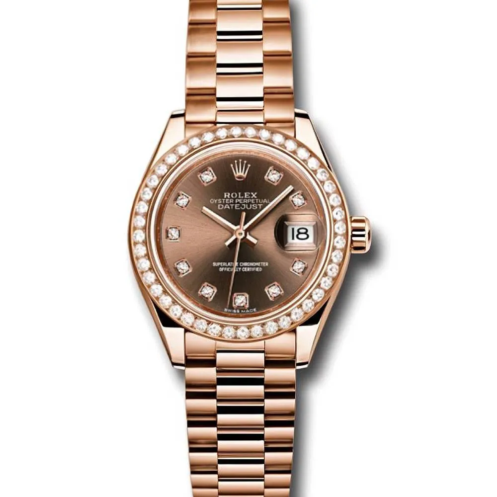 Rolex Lady-Datejust 28mm - Ref: 279135RBR chodp - Chocolate Diamond Dial & Diamond Bezel, 18K Rose Gold Presidential Bracelet Women's Watch