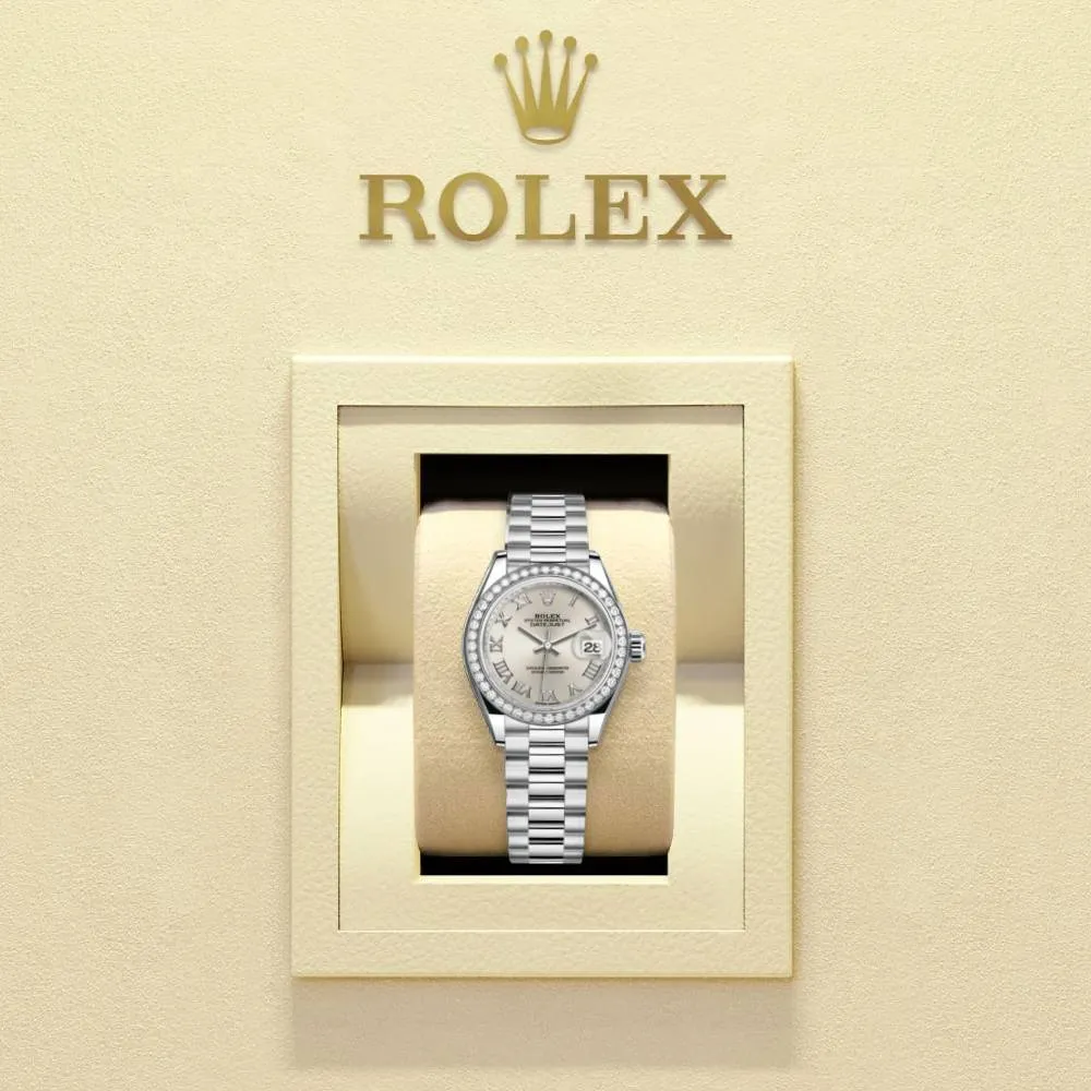 Rolex Lady-Datejust 28mm - Ref: 279136rbr-0007 - Silver Roman Dial & Diamond Bezel, 18K White Gold Presidential Bracelet Women's Watch