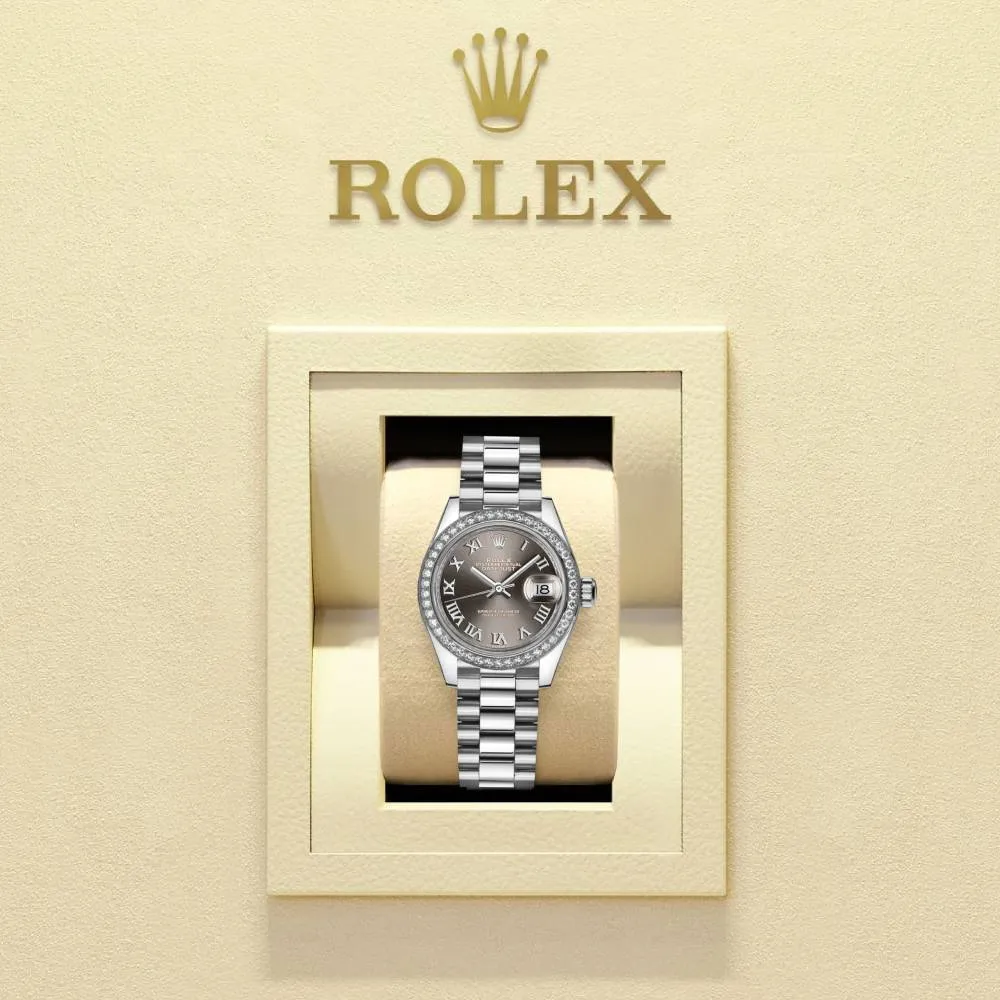 Rolex Lady-Datejust 28mm - Ref: 279136rbr-0010 - Grey Roman Diamond Dial & Diamond Bezel, 18K White Gold Presidential Bracelet Women's Watch