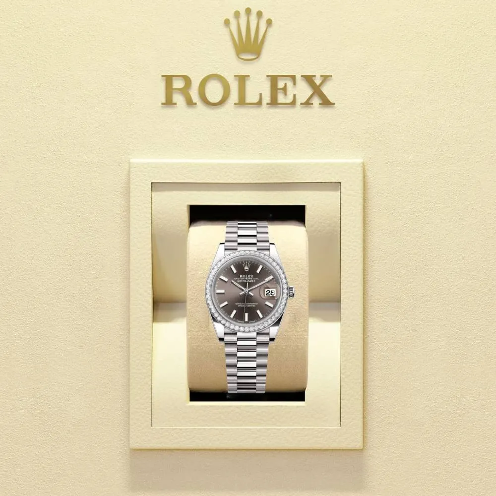 Rolex Lady-Datejust 28mm - Ref: 279136RBR dkgip - Grey Stick Dial & Diamond Bezel, Platinum Presidential Bracelet Women's Watch