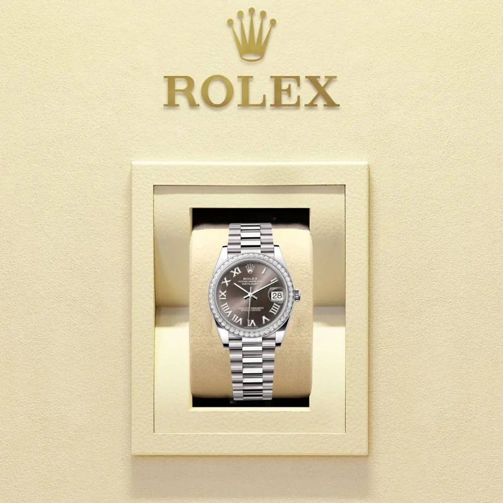 Rolex Lady-Datejust 28mm - Ref: 279136RBR dkgrp - Grey Roman Dial & Diamond Bezel, Platinum Presidential Bracelet Women's Watch