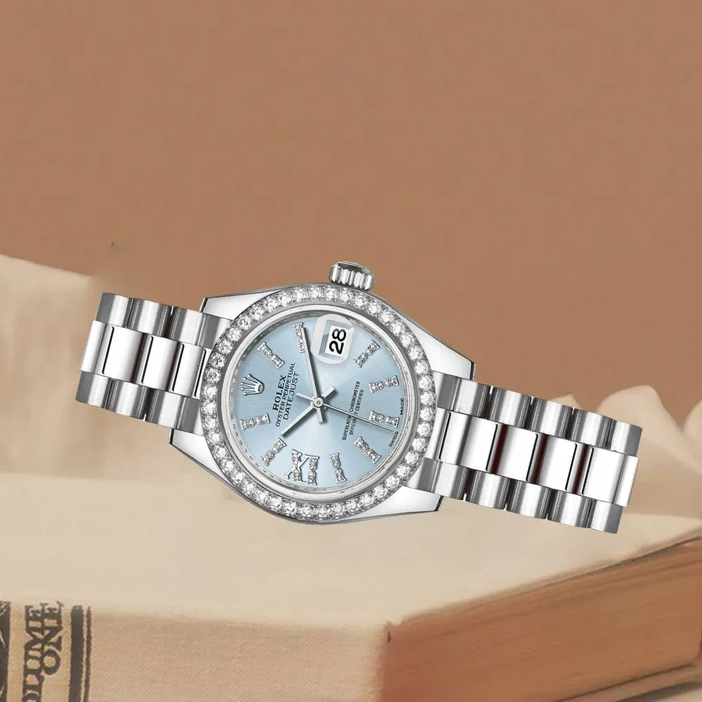 Rolex Lady-Datejust 28mm - Ref: 279136RBR ib36dix8dp - Ice Blue Roman Diamond Dial & Diamond Bezel, Platinum Presidential Bracelet Women's Watch