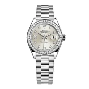 Rolex Lady-Datejust 28mm - Ref: 279136RBR s9dix8dp - Silver Diamond Dial & Diamond Bezel, Platinum Presidential Bracelet Women's Watch