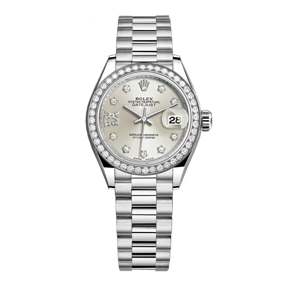 Rolex Lady-Datejust 28mm - Ref: 279136RBR s9dix8dp - Silver Diamond Dial & Diamond Bezel, Platinum Presidential Bracelet Women's Watch