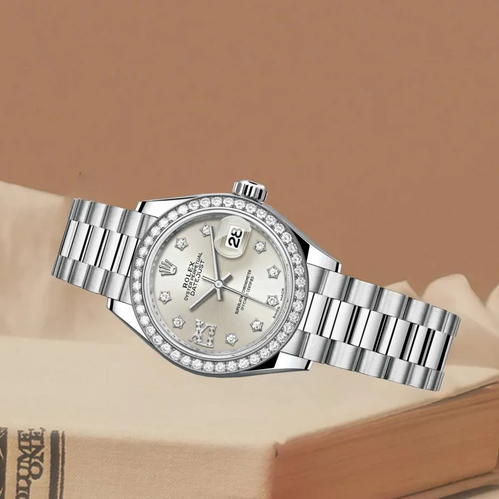 Rolex Lady-Datejust 28mm - Ref: 279136RBR s9dix8dp - Silver Diamond Dial & Diamond Bezel, Platinum Presidential Bracelet Women's Watch