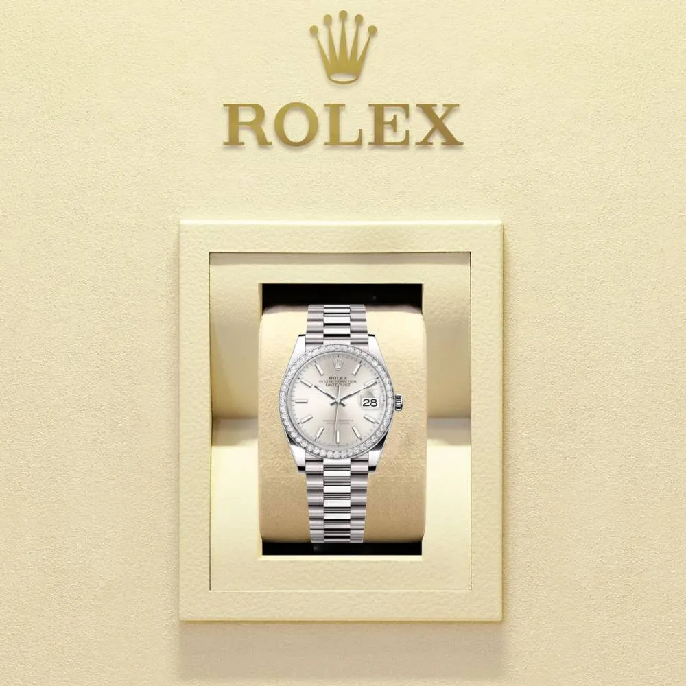 Rolex Lady-Datejust 28mm - Ref: 279136RBR sip - Silver Stick Dial & Diamond Bezel, Platinum Presidential Bracelet Women's Watch