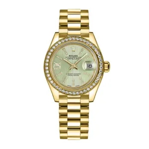 Rolex Lady Datejust 28mm - Ref: 279138rbr-0003 - Green Dial, 18K Yellow Gold President Bracelet Women's Watch