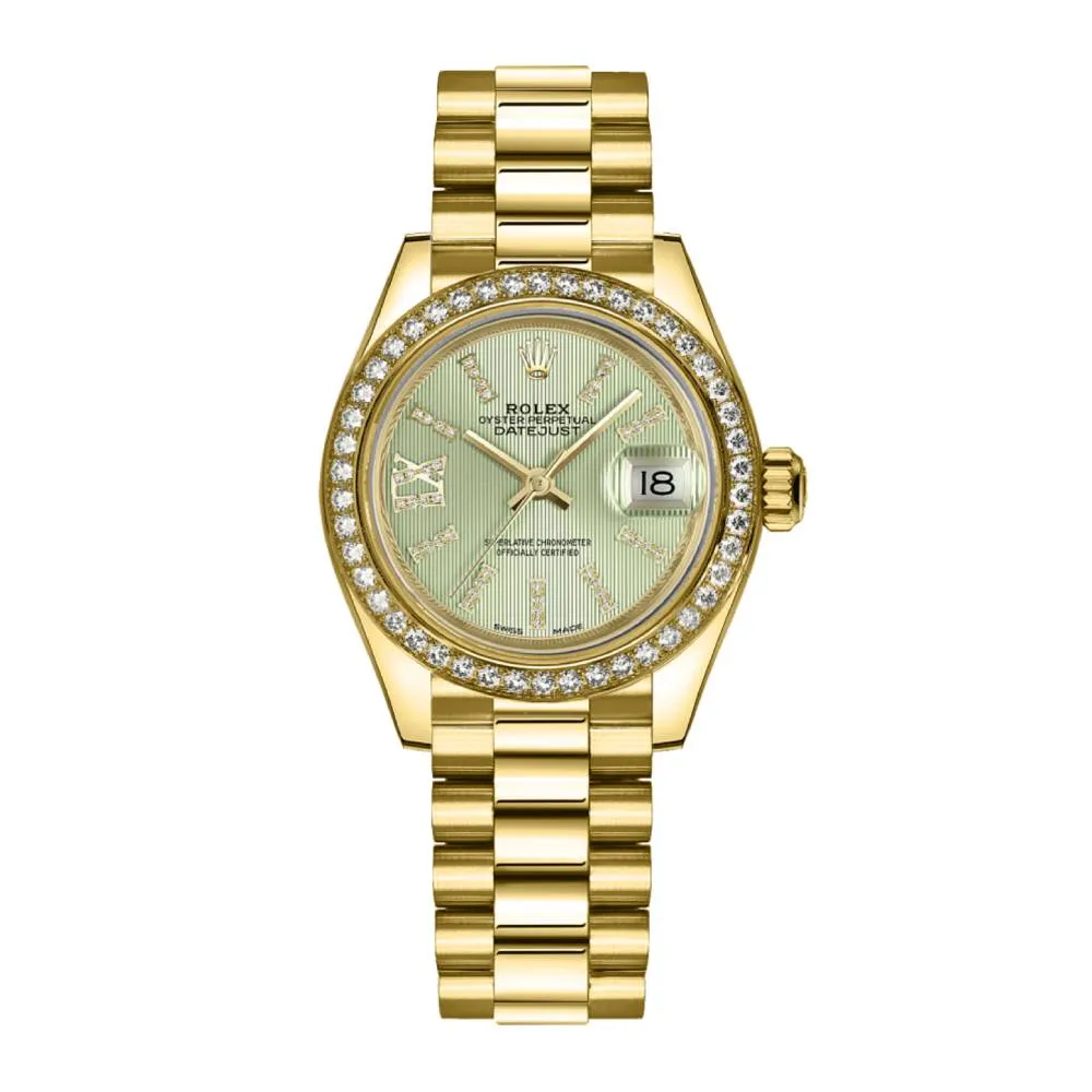 Rolex Lady Datejust 28mm - Ref: 279138rbr-0003 - Green Dial, 18K Yellow Gold President Bracelet Women's Watch