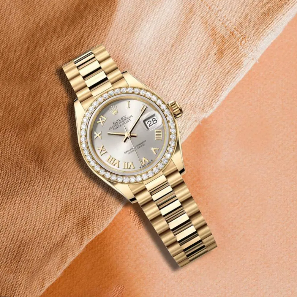 Rolex Lady Datejust 28mm - Ref: 279138rbr-0017 - Silver Dial, 18K Yellow Gold President Bracelet Women's Watch