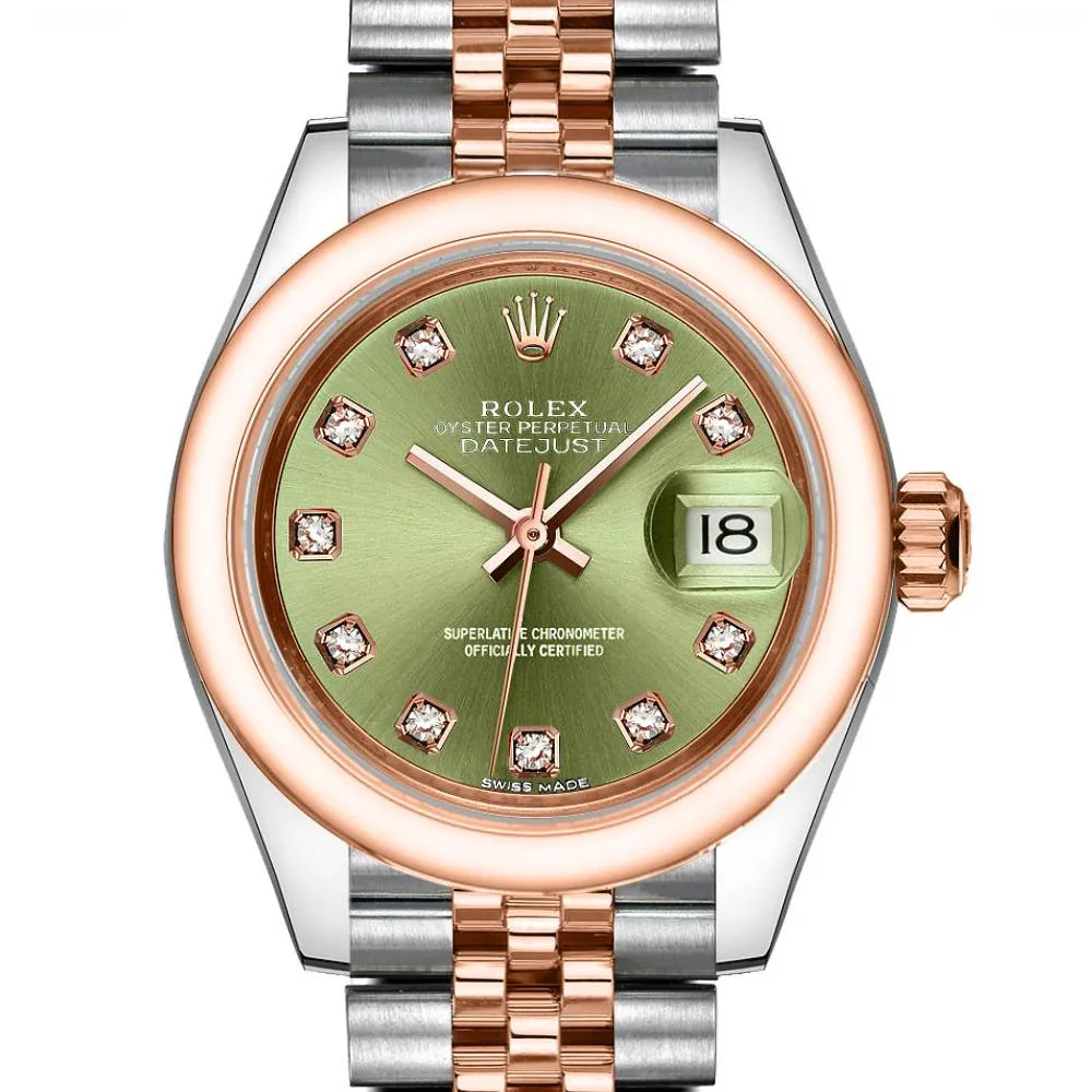 Rolex Lady-Datejust 28mm - Ref: 279161-0007 - Green Diamond Dial, Two Tone Stainless Steel & 18K Rose Gold Jubilee Bracelet Women's Watch