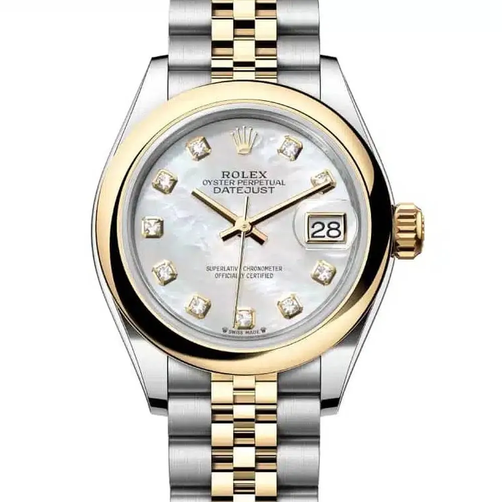 Rolex Lady-Datejust 28mm - Ref: 279163-0013 - White Mother of Pearl Diamond Dial, Two Tone Stainless Steel & 18K Yellow Gold Jubilee Bracelet Women's Watch