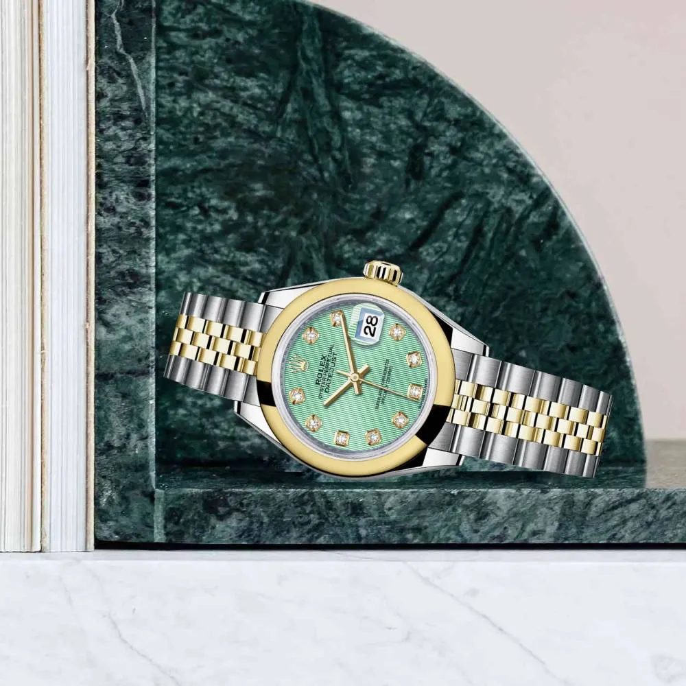 Rolex Lady-Datejust 28mm - Ref: 279163-0015 - Mint Green Diamond Dial, Two Tone Stainless Steel & 18K Yellow Gold Jubilee Bracelet Women's Watch