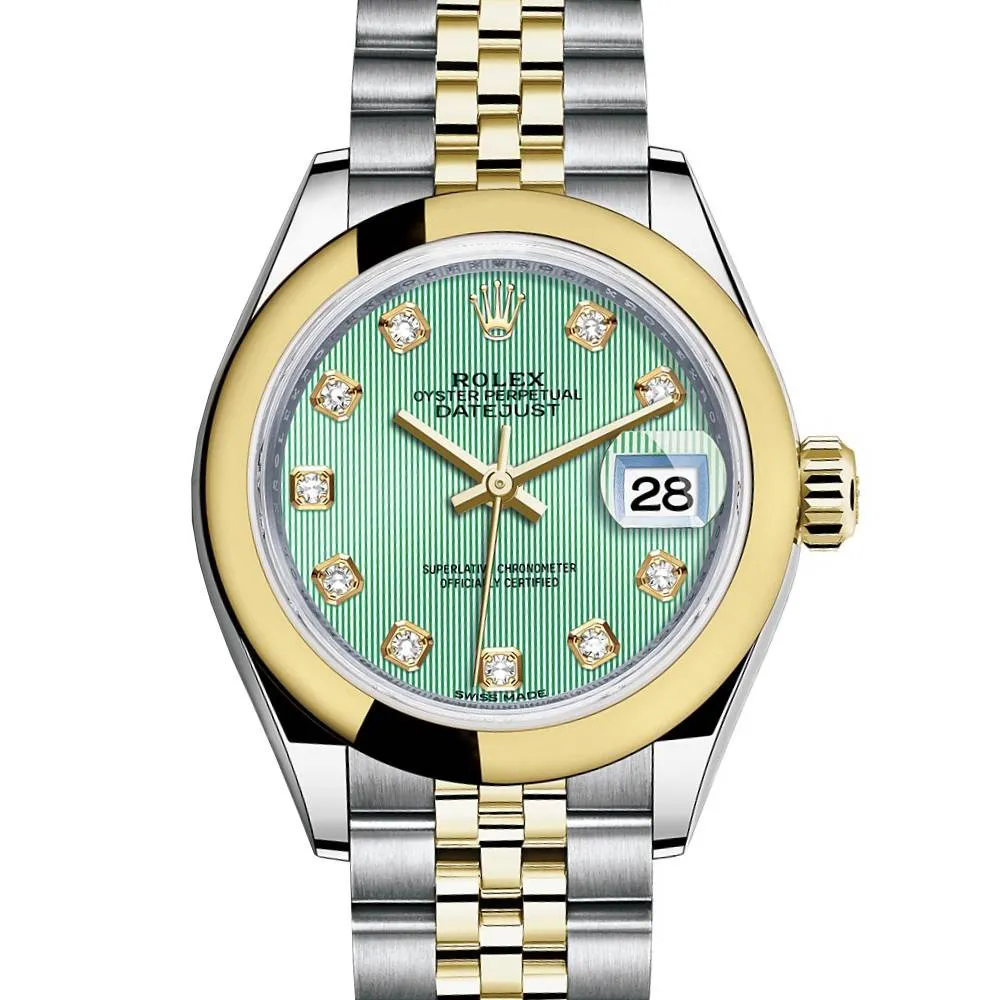Rolex Lady-Datejust 28mm - Ref: 279163-0015 - Mint Green Diamond Dial, Two Tone Stainless Steel & 18K Yellow Gold Jubilee Bracelet Women's Watch