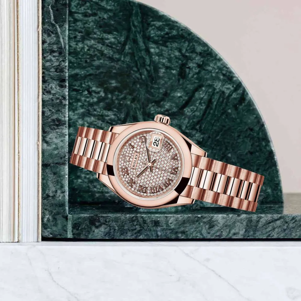 Rolex Lady Datejust 28mm - Ref: 279165-0023 - Diamond Pave Dial, 18K Rose Gold President Bracelet Women's Watch