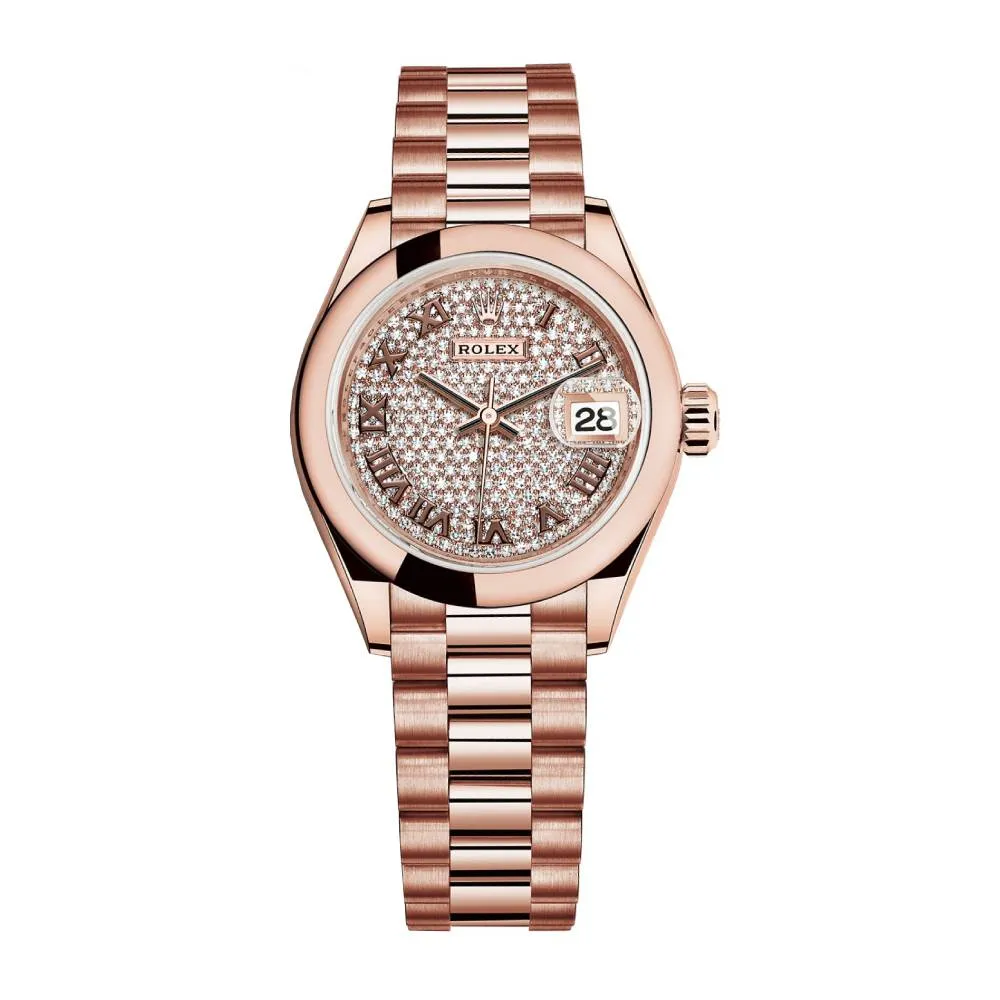 Rolex Lady Datejust 28mm - Ref: 279165-0023 - Diamond Pave Dial, 18K Rose Gold President Bracelet Women's Watch