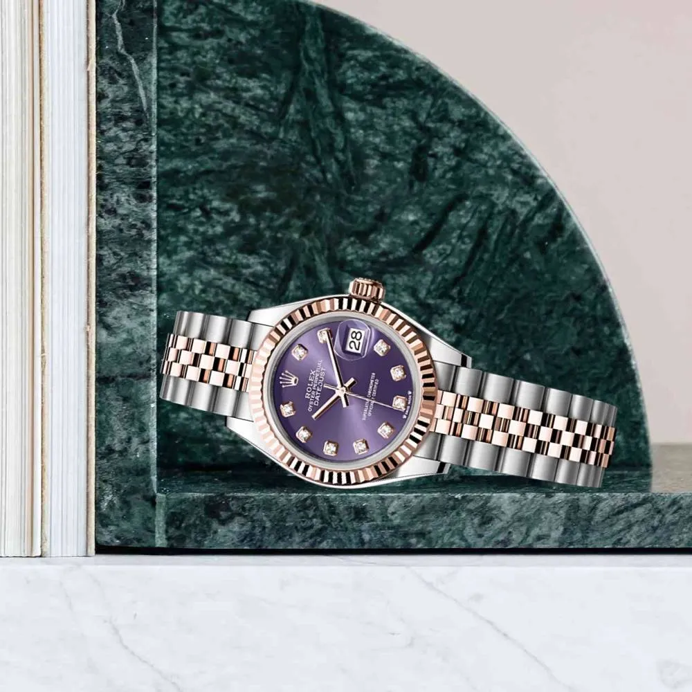 Rolex Lady-Datejust 28mm - Ref: 279171-0015 - Aubergine Purple Diamond Dial, Two Tone Stainless Steel & 18K Rose Gold Jubilee Bracelet Women's Watch