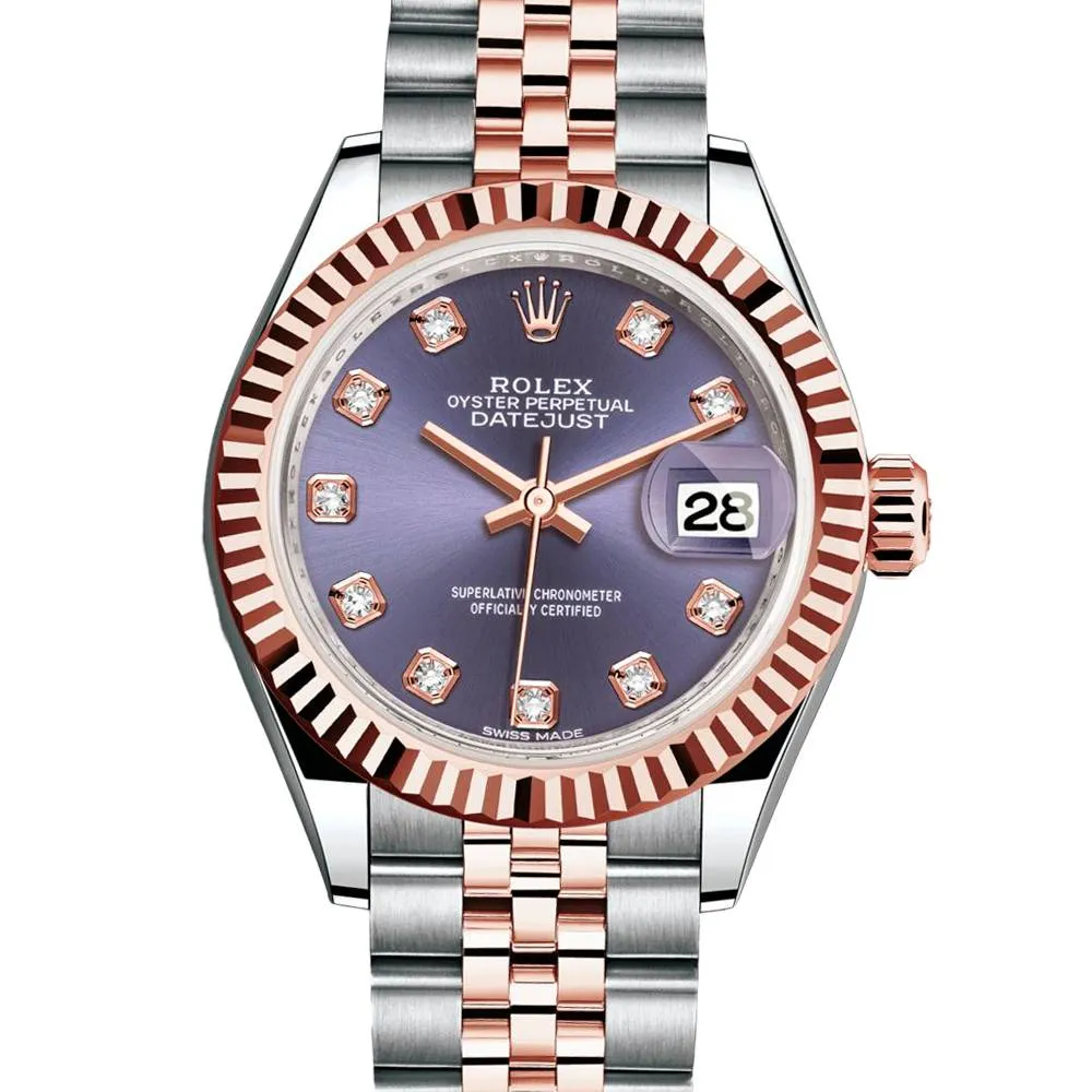 Rolex Lady-Datejust 28mm - Ref: 279171-0015 - Aubergine Purple Diamond Dial, Two Tone Stainless Steel & 18K Rose Gold Jubilee Bracelet Women's Watch