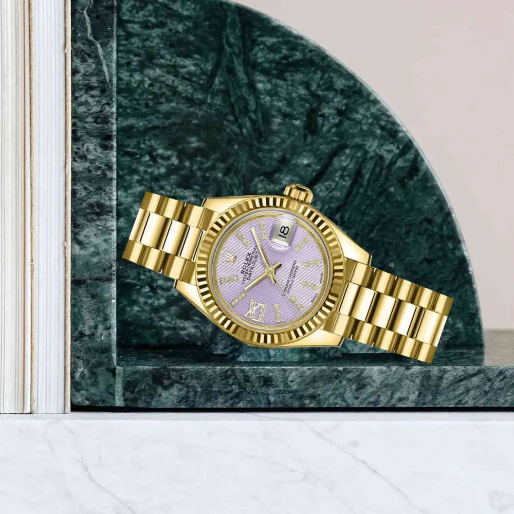 Rolex Lady-Datejust 28mm - Ref: 279178-0011 - Lilac Diamond Dial, 18K Yellow Gold President Bracelet Women's Watch