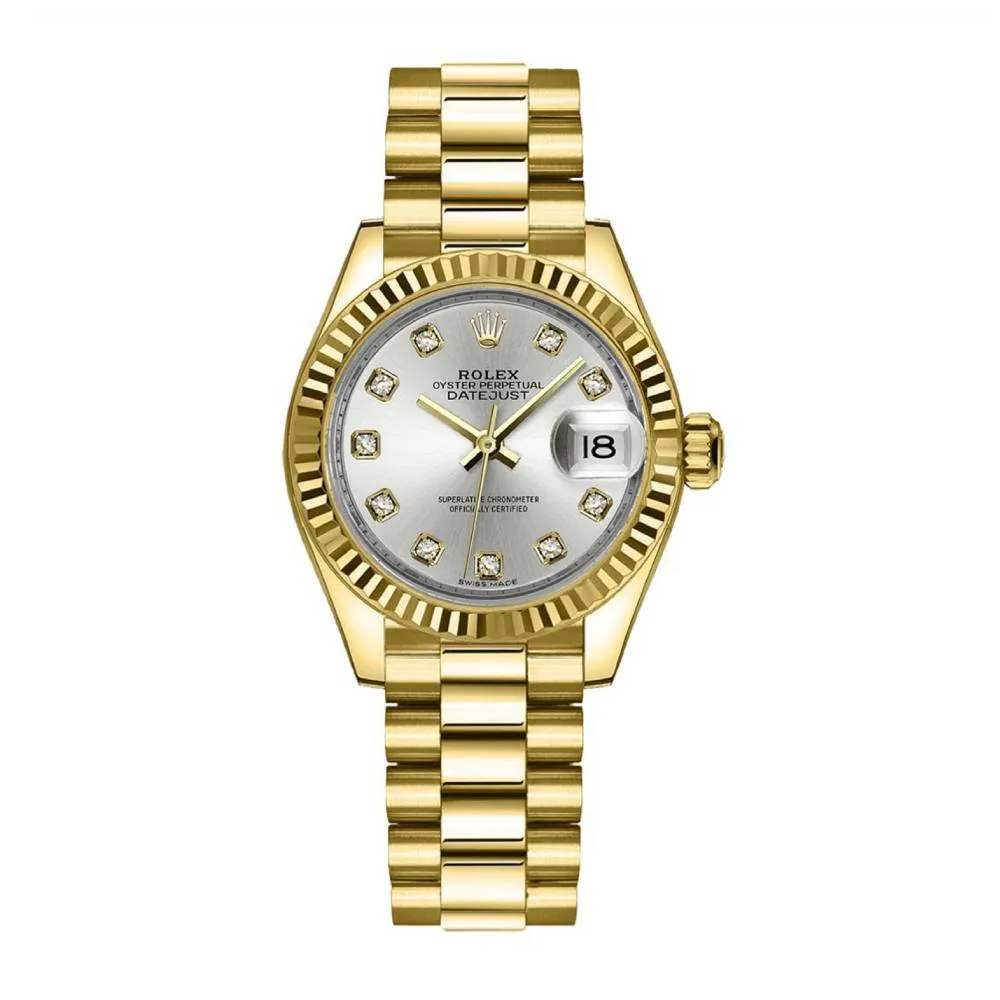 Rolex Lady Datejust 28mm - Ref: 279178-0015 - Silver Dial, 18K Yellow Gold President Bracelet Women's Watch