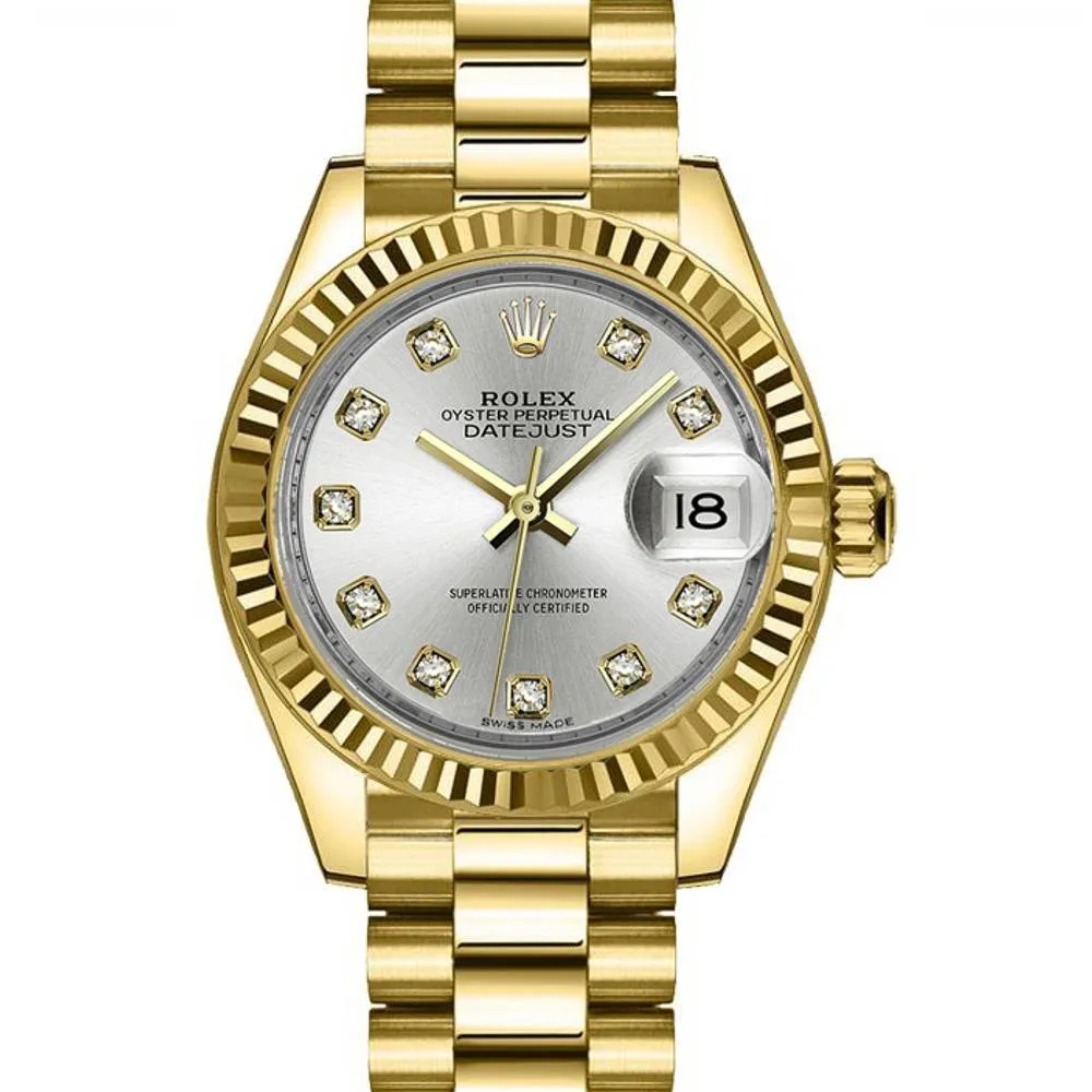 Rolex Lady Datejust 28mm - Ref: 279178-0015 - Silver Dial, 18K Yellow Gold President Bracelet Women's Watch