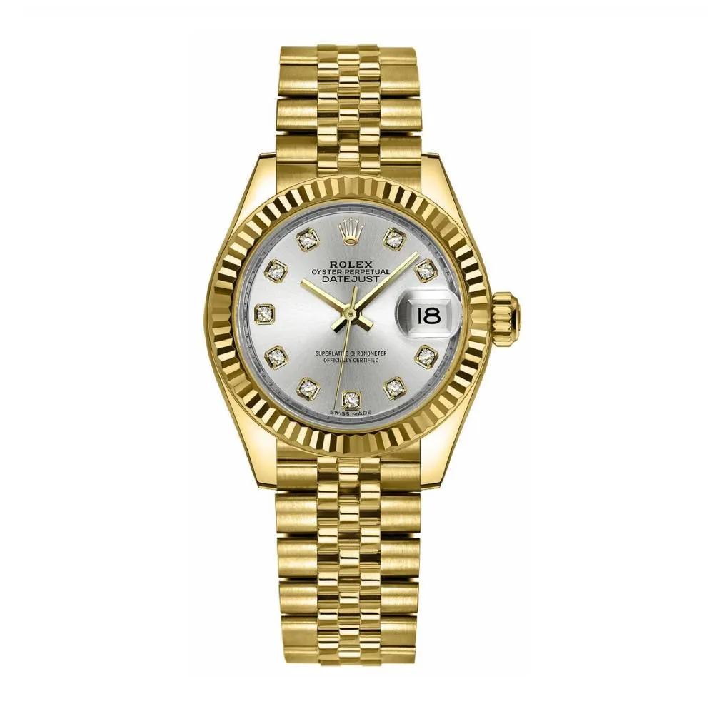 Rolex Lady-Datejust 28mm - Ref: 279178-0016 - Silver Diamond Dial, 18K Yellow Gold Jubilee Bracelet Women's Watch