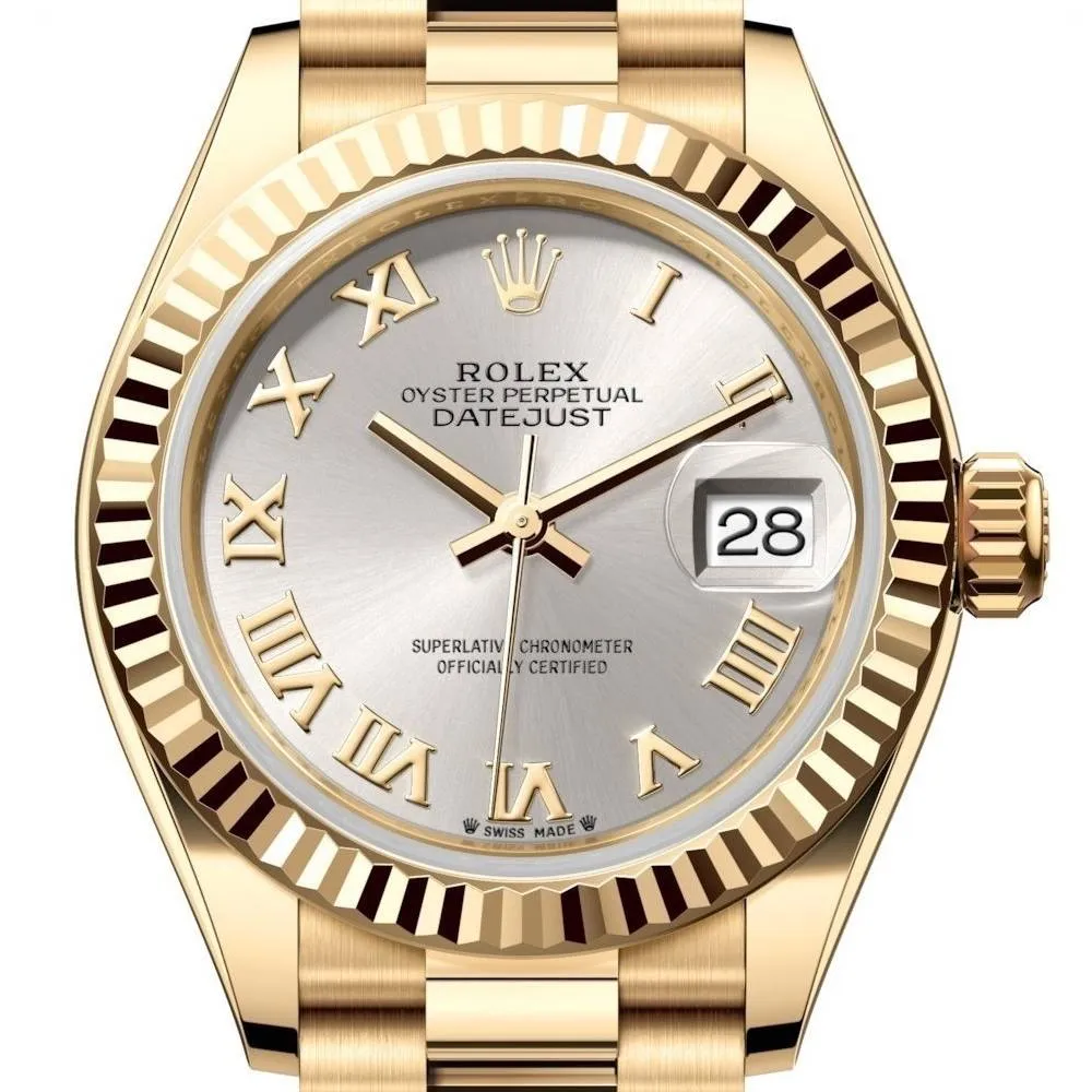 Rolex Lady-Datejust 28mm - Ref: 279178-0020 - Silver Roman Dial, 18K Yellow Gold President Bracelet Women's Watch