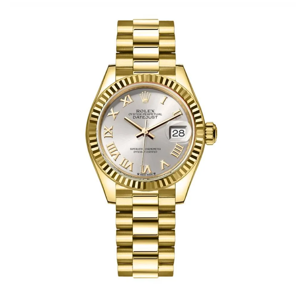 Rolex Lady-Datejust 28mm - Ref: 279178-0020 - Silver Roman Dial, 18K Yellow Gold President Bracelet Women's Watch