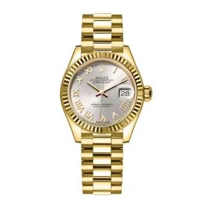 Rolex Lady-Datejust 28mm - Ref: 279178-0020 - Silver Roman Dial, 18K Yellow Gold President Bracelet Women's Watch