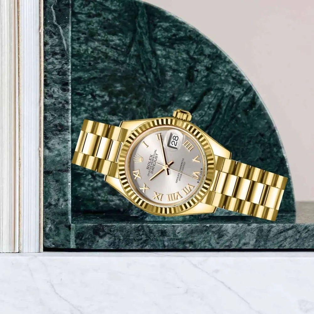 Rolex Lady-Datejust 28mm - Ref: 279178-0020 - Silver Roman Dial, 18K Yellow Gold President Bracelet Women's Watch