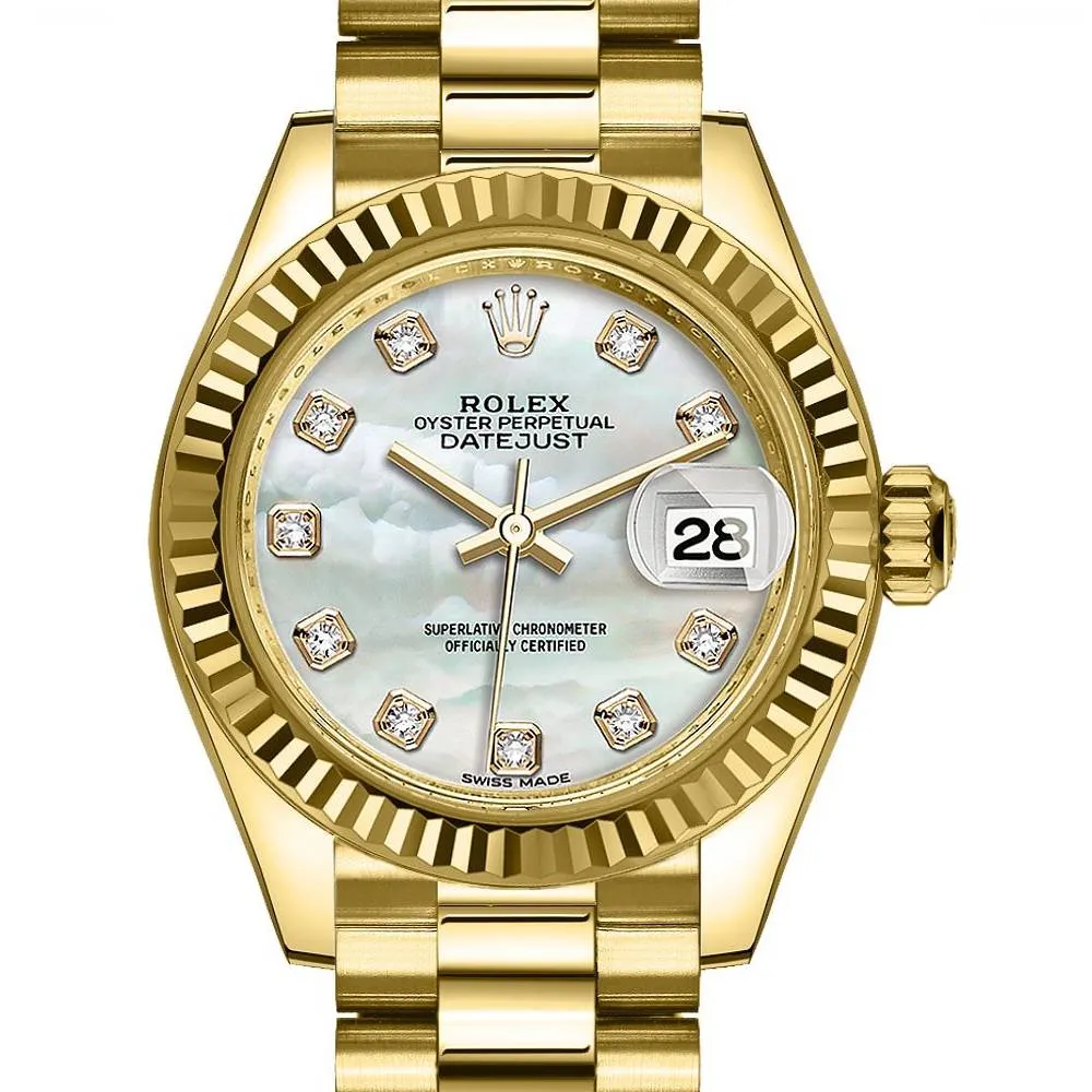Rolex Lady Datejust 28mm - Ref: 279178-0025 - White Mother of Pearl Dial, 18K Yellow Gold President Bracelet Women's Watch