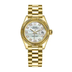 Rolex Lady Datejust 28mm - Ref: 279178-0025 - White Mother of Pearl Dial, 18K Yellow Gold President Bracelet Women's Watch