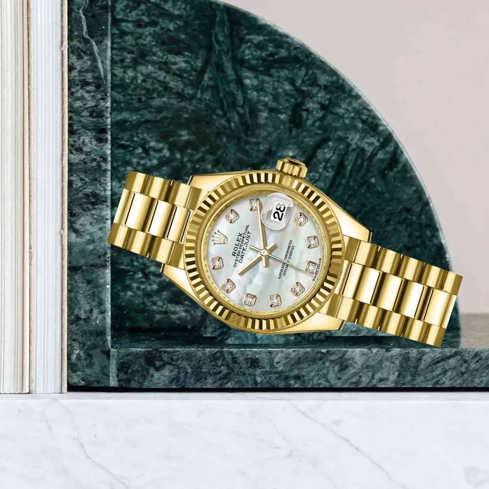 Rolex Lady Datejust 28mm - Ref: 279178-0025 - White Mother of Pearl Dial, 18K Yellow Gold President Bracelet Women's Watch