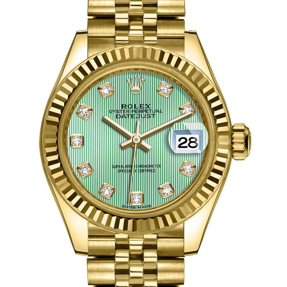 Rolex Lady-Datejust 28mm - Ref: 279178-0028 - Mint Green Diamond Dial, 18K Yellow Gold Jubilee Bracelet Women's Watch