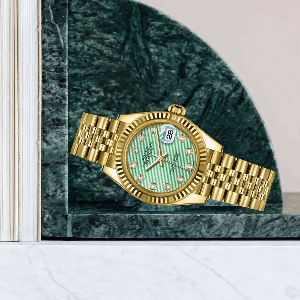 Rolex Lady-Datejust 28mm - Ref: 279178-0028 - Mint Green Diamond Dial, 18K Yellow Gold Jubilee Bracelet Women's Watch