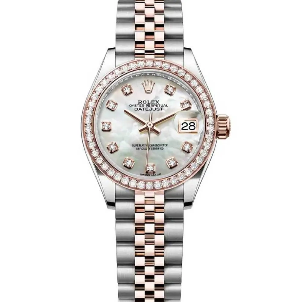 Rolex Lady-Datejust 28mm - Ref: 279381rbr-0013 - White Mother of Pearl Diamond Dial & Diamond Bezel, Two Tone Stainless Steel & 18K Rose Gold Jubilee Bracelet Women's Watch