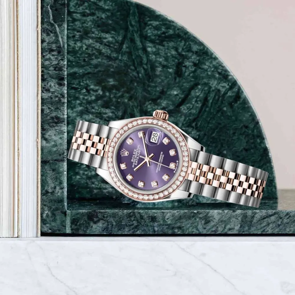 Rolex Lady-Datejust 28mm - Ref: 279381rbr-0015 - Aubergine Purple Diamond Dial & Diamond Bezel, Two Tone Stainless Steel & 18K Rose Gold Jubilee Bracelet Women's Watch