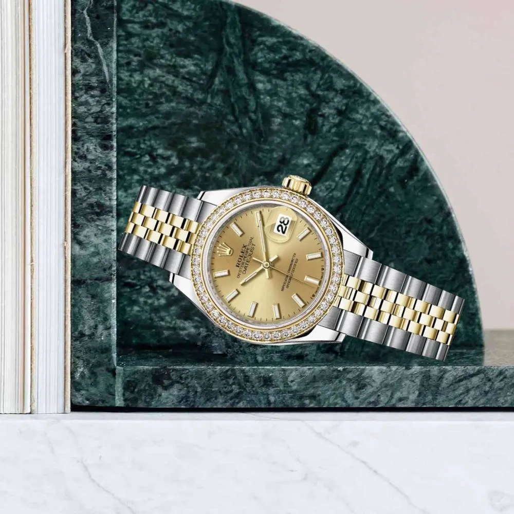 Rolex Lady-Datejust 28mm - Ref: 279383rbr-0001 - Champagne Stick Dial & Diamond Bezel, Two Tone Stainless Steel & 18K Yellow Gold Jubilee Bracelet Women's Watch