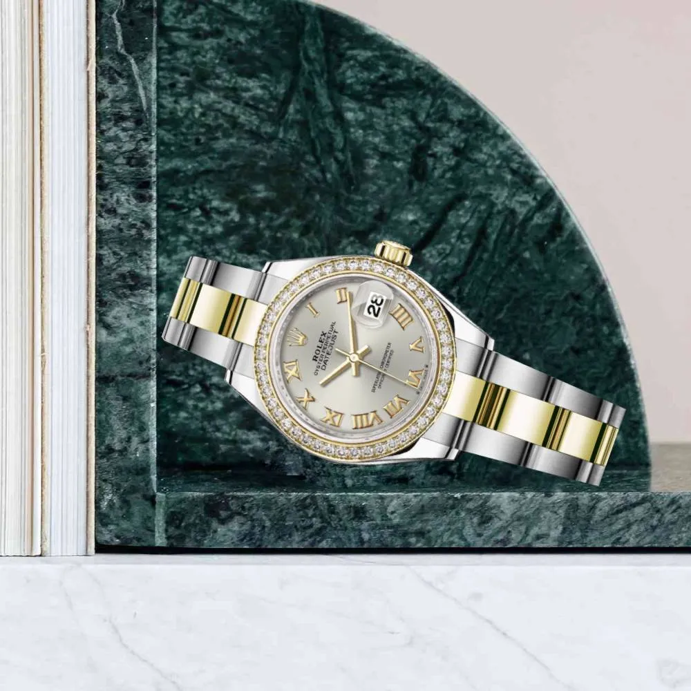 Rolex Lady-Datejust 28mm - Ref: 279383rbr-0006 - Silver Roman Dial & Diamond Bezel, Two Tone Stainless Steel & 18K Yellow Gold Oyster Bracelet Women's Watch