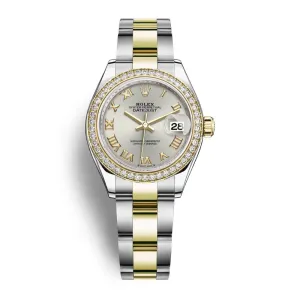 Rolex Lady-Datejust 28mm - Ref: 279383rbr-0006 - Silver Roman Dial & Diamond Bezel, Two Tone Stainless Steel & 18K Yellow Gold Oyster Bracelet Women's Watch