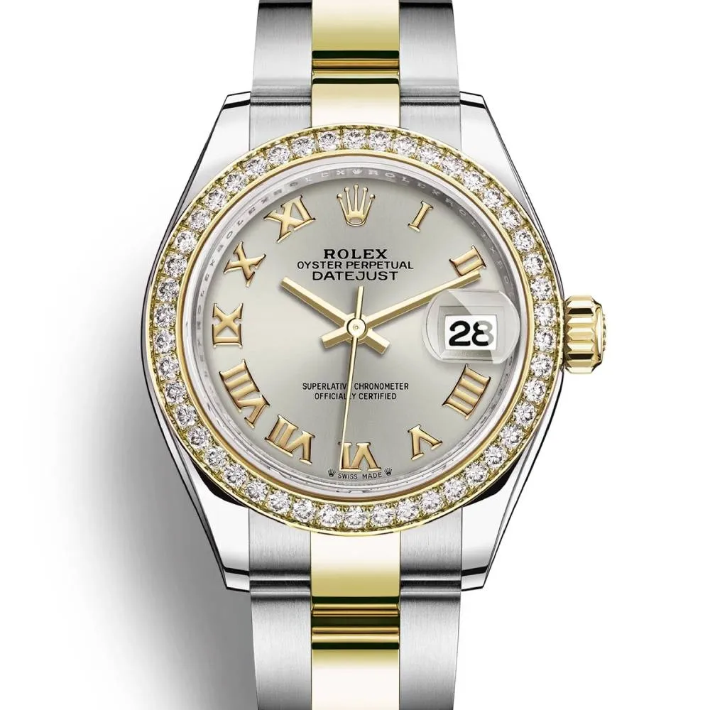 Rolex Lady-Datejust 28mm - Ref: 279383rbr-0006 - Silver Roman Dial & Diamond Bezel, Two Tone Stainless Steel & 18K Yellow Gold Oyster Bracelet Women's Watch