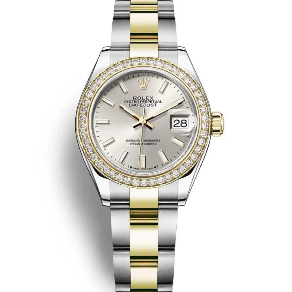 Rolex Lady-Datejust 28mm - Ref: 279383rbr-0018 - Silver Stick Dial & Diamond Bezel, Two Tone Stainless Steel & 18K Yellow Gold Oyster Bracelet Women's Watch