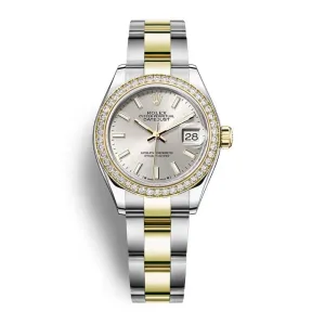 Rolex Lady-Datejust 28mm - Ref: 279383rbr-0018 - Silver Stick Dial & Diamond Bezel, Two Tone Stainless Steel & 18K Yellow Gold Oyster Bracelet Women's Watch