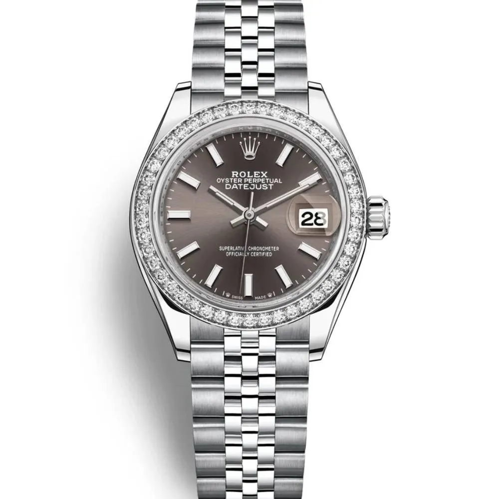 Rolex Lady-Datejust 28mm - Ref: 279384rbr-0013 - Dark Grey Stick Dial & Diamond Bezel, Stainless Steel Jubilee Bracelet Women's Watch
