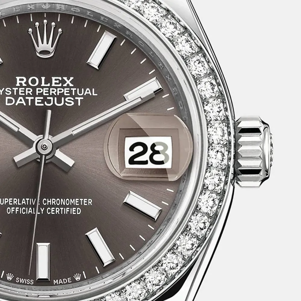 Rolex Lady-Datejust 28mm - Ref: 279384rbr-0013 - Dark Grey Stick Dial & Diamond Bezel, Stainless Steel Jubilee Bracelet Women's Watch