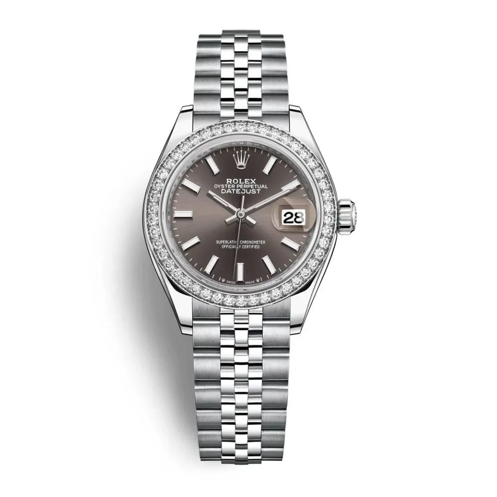 Rolex Lady-Datejust 28mm - Ref: 279384rbr-0013 - Dark Grey Stick Dial & Diamond Bezel, Stainless Steel Jubilee Bracelet Women's Watch
