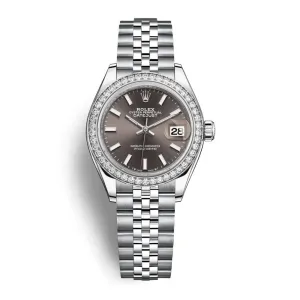 Rolex Lady-Datejust 28mm - Ref: 279384rbr-0013 - Dark Grey Stick Dial & Diamond Bezel, Stainless Steel Jubilee Bracelet Women's Watch