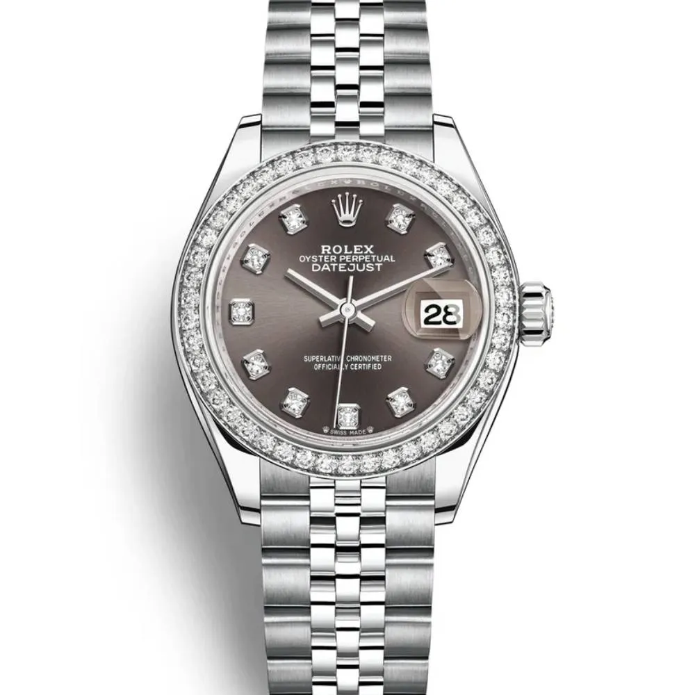Rolex Lady-Datejust 28mm - Ref: 279384rbr-0017 - Dark Grey Diamond Dial & Diamond Bezel, Stainless Steel Jubilee Bracelet Women's Watch