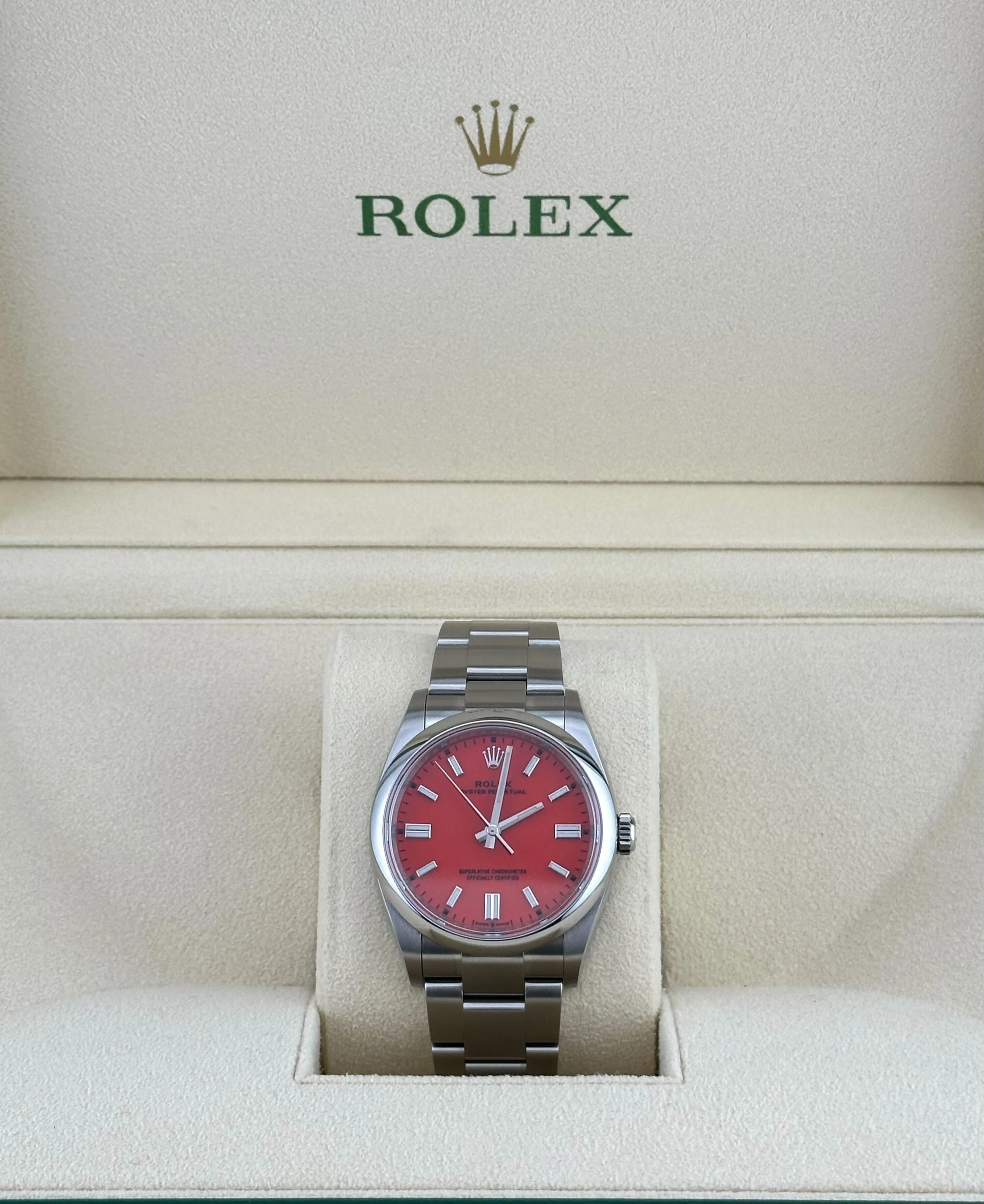 Rolex Oyster Perpetual 36 126000 Stainless Steel Coral Red Dial